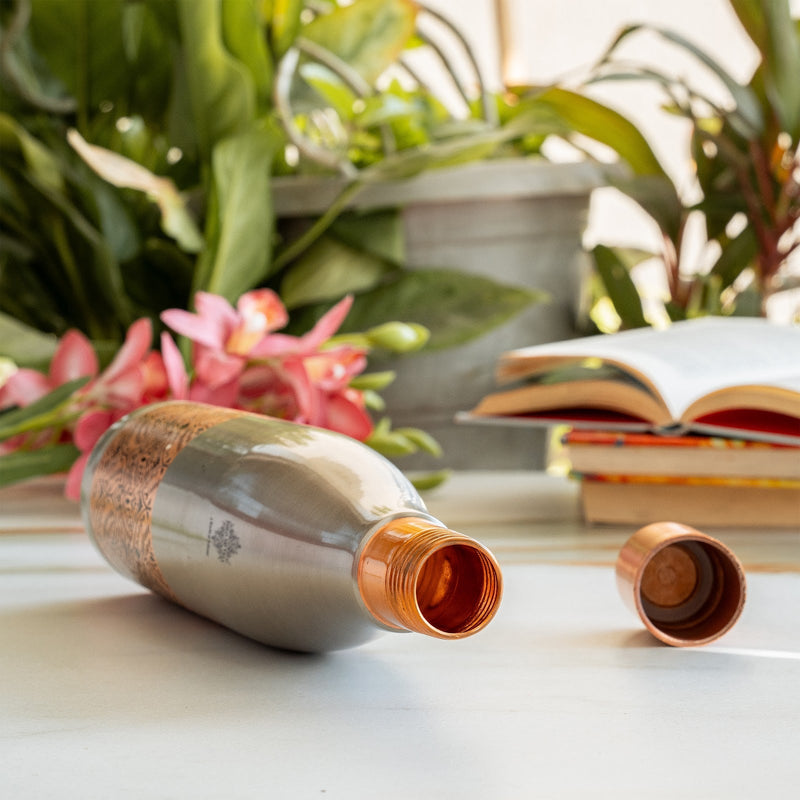Half Embossed Copper Bottle with Lacquer Coated Finish With Nickel Plating