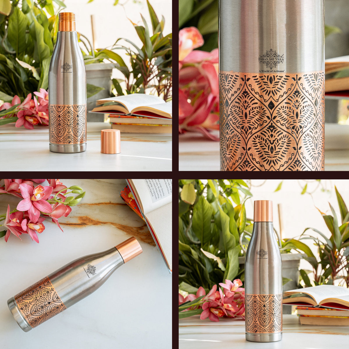 Half Embossed Copper Bottle with Lacquer Coated Finish With Nickel Plating