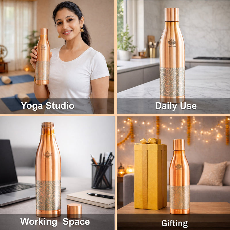 Pure Copper Bottle - Half Embossed Authentic Design