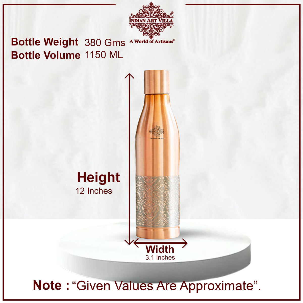 Pure Copper Bottle - Half Embossed Authentic Design