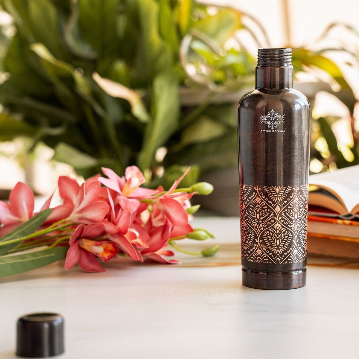 Pure Copper Bottle With Antique Finish Half Embossed- 750 ML