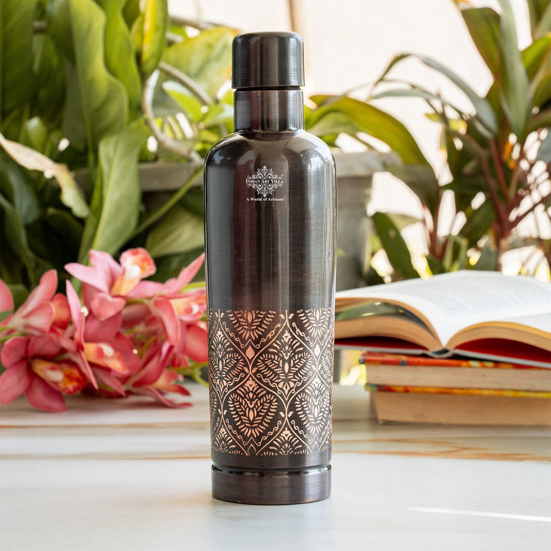 Pure Copper Bottle With Antique Finish Half Embossed- 750 ML