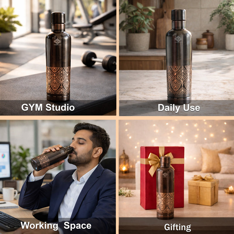 Pure Copper Bottle With Antique Finish Half Embossed- 750 ML