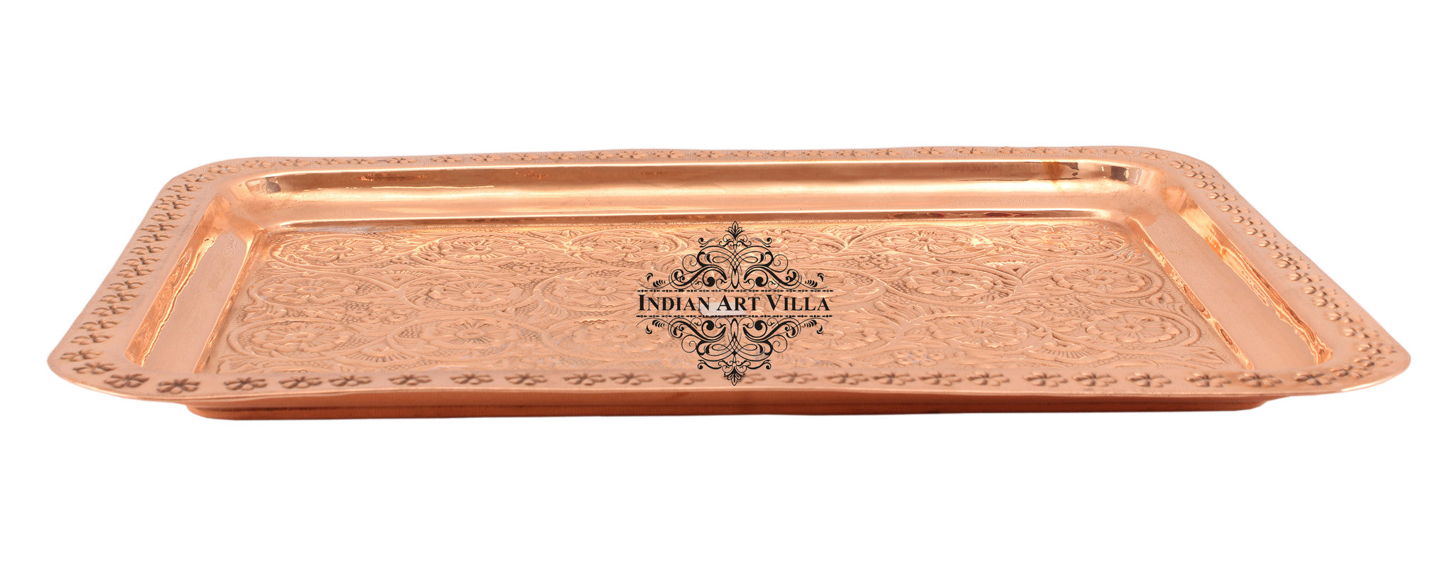 Pure Copper Engraved Flower Design Tray | Serving Tea Coffee Water Dishes | Home Hotel Restaurant Tableware