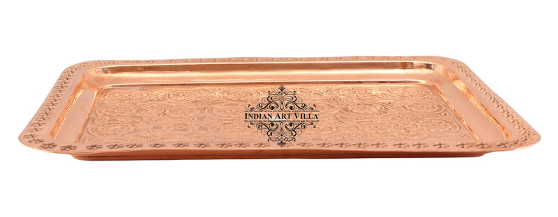Pure Copper Engraved Flower Design Tray | Serving Tea Coffee Water Dishes | Home Hotel Restaurant Tableware