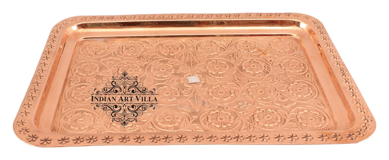 Pure Copper Engraved Flower Design Tray | Serving Tea Coffee Water Dishes | Home Hotel Restaurant Tableware