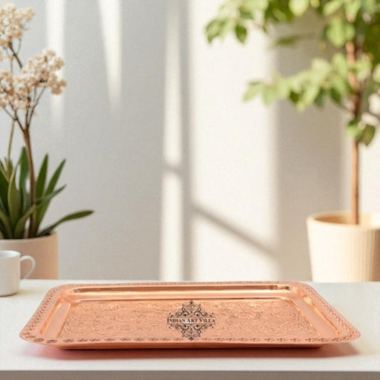 Pure Copper Engraved Flower Design Tray | Serving Tea Coffee Water Dishes | Home Hotel Restaurant Tableware