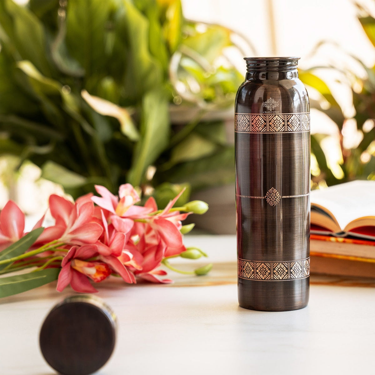 Copper Antique Finish Bottle With Embossed Design - 900 ML