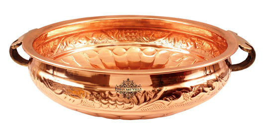 Copper Embossed Design Urli with Brass handles Decorative Platter