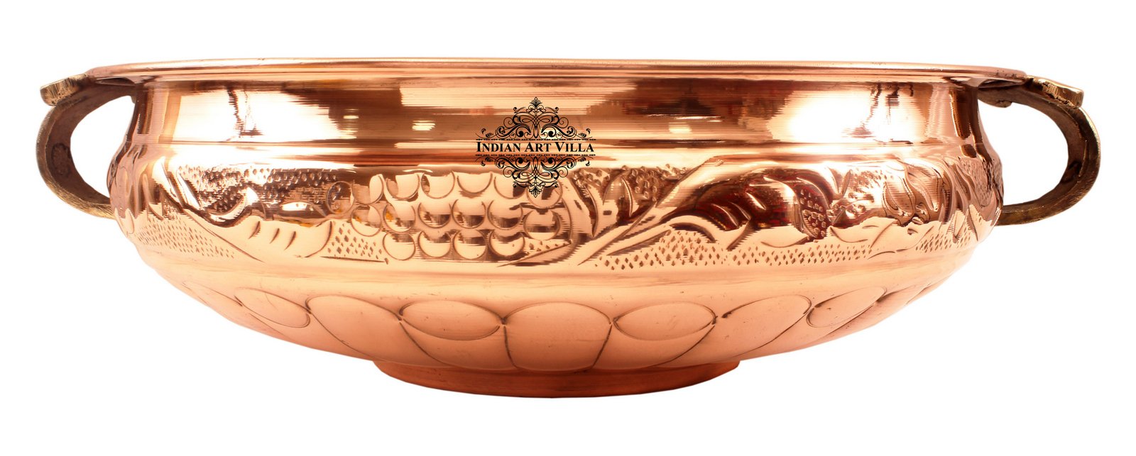 Copper Embossed Design Urli with Brass handles Decorative Platter