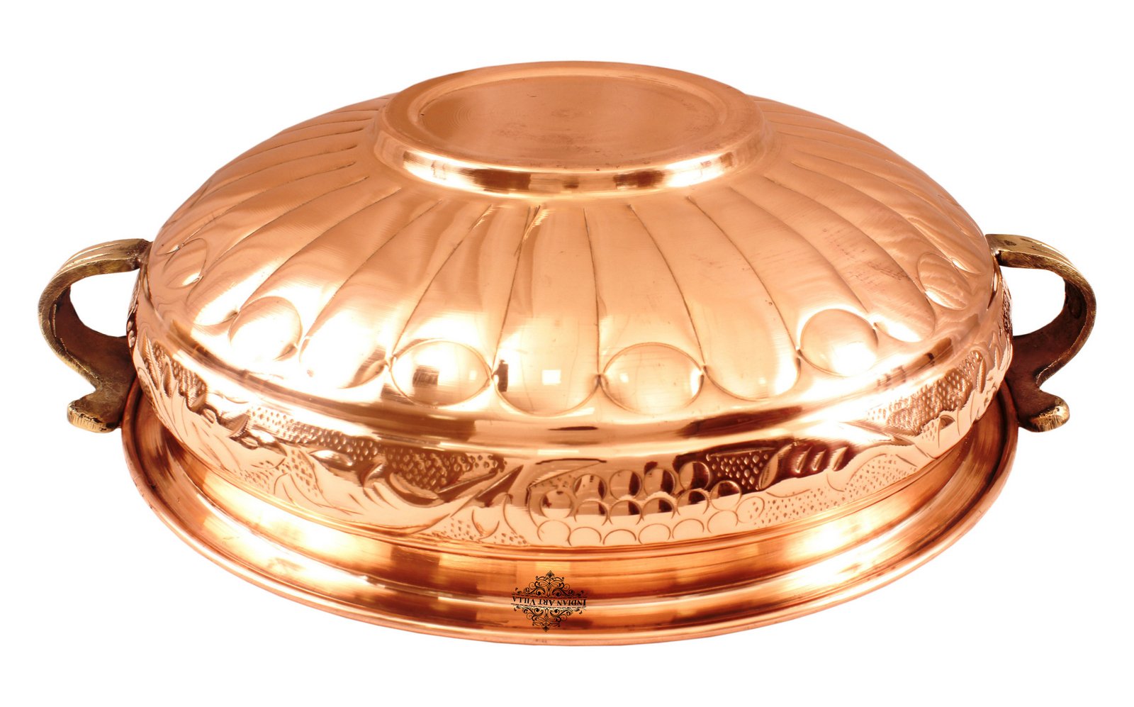 Copper Embossed Design Urli with Brass handles Decorative Platter