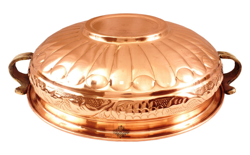 Copper Embossed Design Urli with Brass handles Decorative Platter