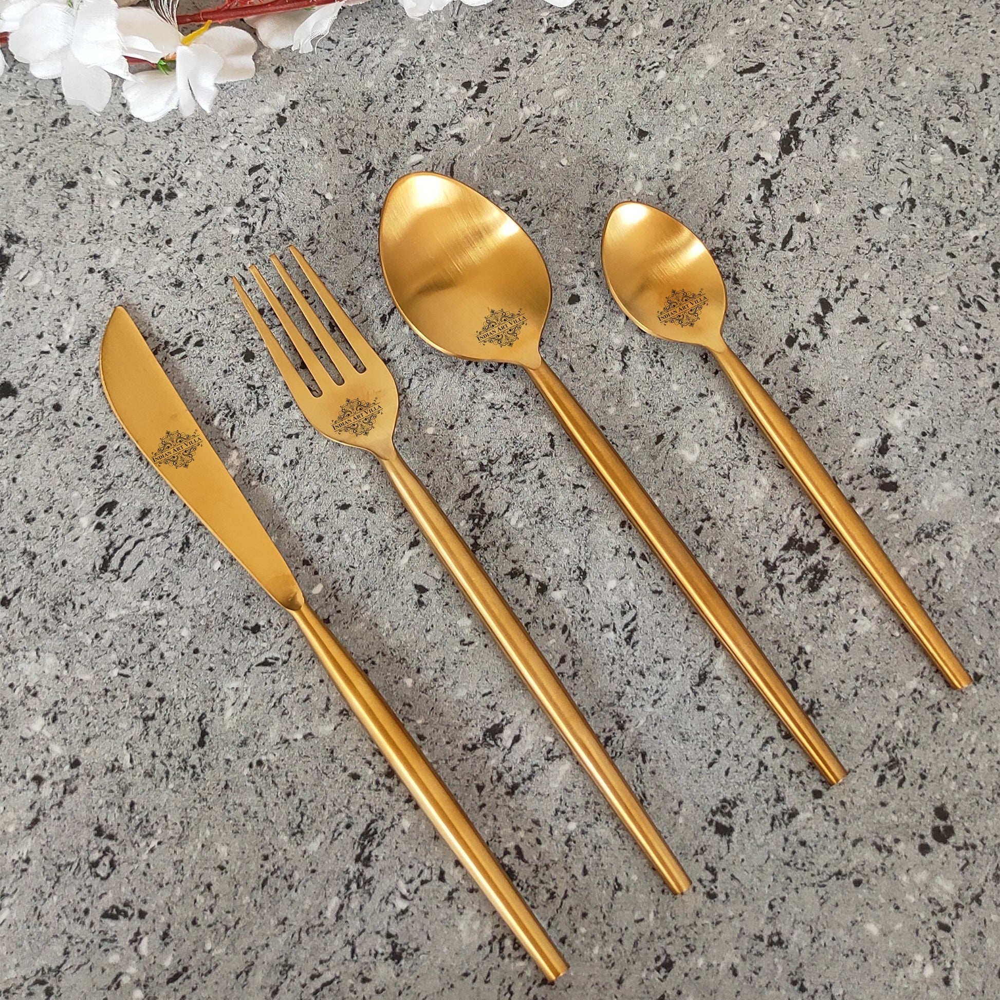 Pure Stainless Steel Gold Shine Finish Oval Cutlery Set 6x4=24 Pcs