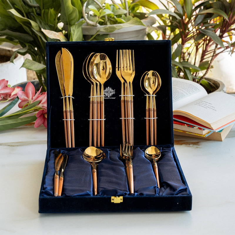 Stainless Steel Gold PVD Plating Cutlery Set with Blue Velvet Gift Box