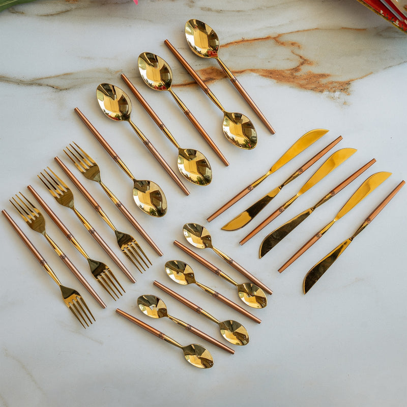 Stainless Steel Gold PVD Plating Cutlery Set with Blue Velvet Gift Box