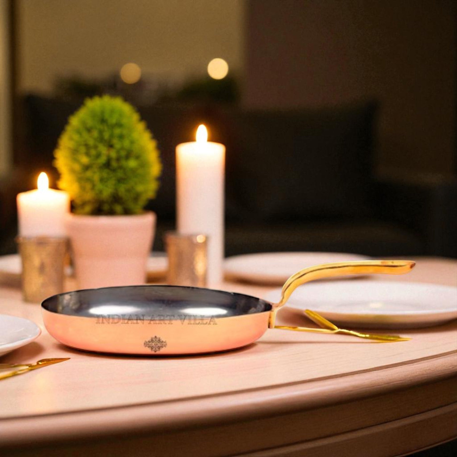 Pure Steel Copper Plain Oval Pan Inside Tin Lining with Brass Handle