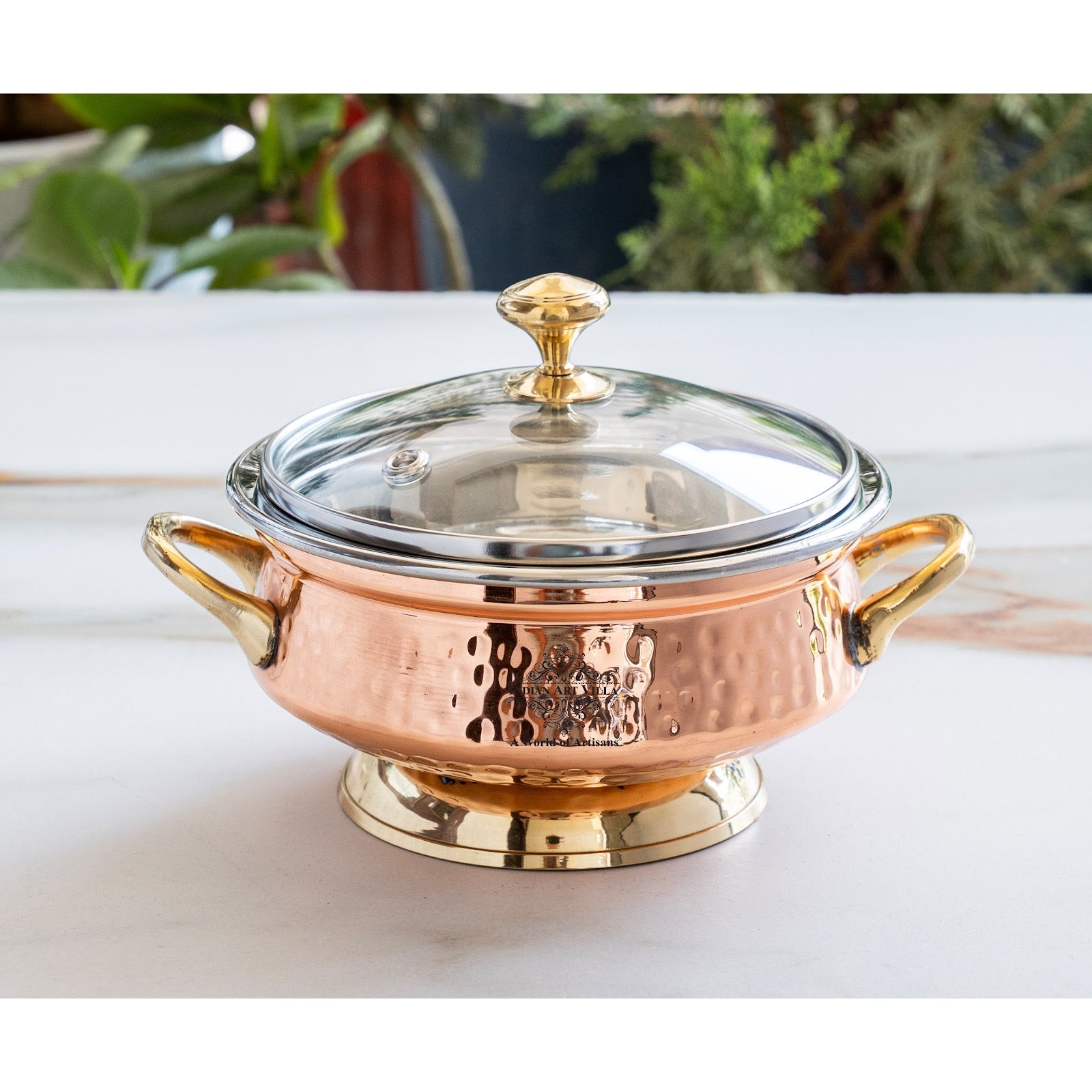 Steel Copper Hammered Mughlai Handi with Brass Handle & Glass lid