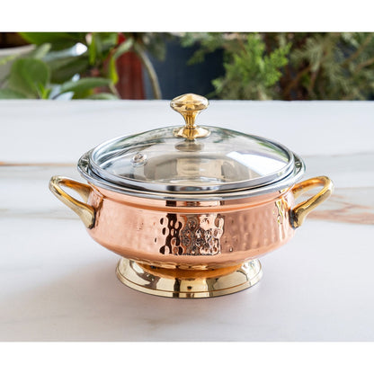 Steel Copper Hammered Mughlai Handi with Brass Handle & Glass lid