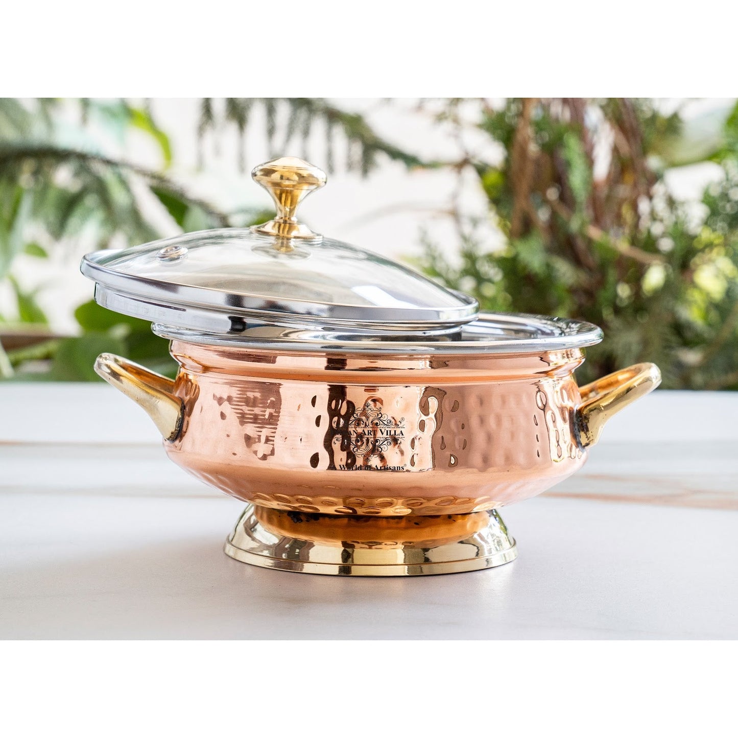 Steel Copper Hammered Mughlai Handi with Brass Handle & Glass lid