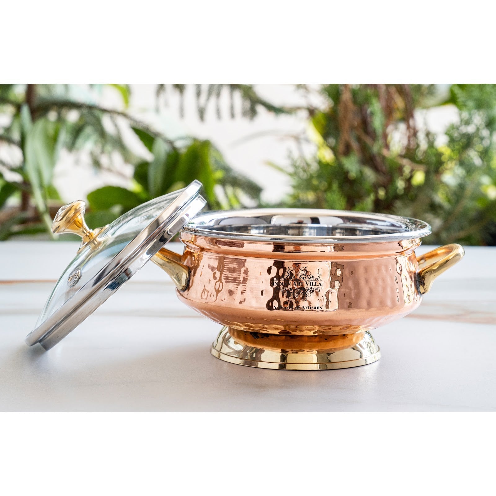 Steel Copper Hammered Mughlai Handi with Brass Handle & Glass lid
