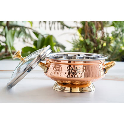 Steel Copper Hammered Mughlai Handi with Brass Handle & Glass lid