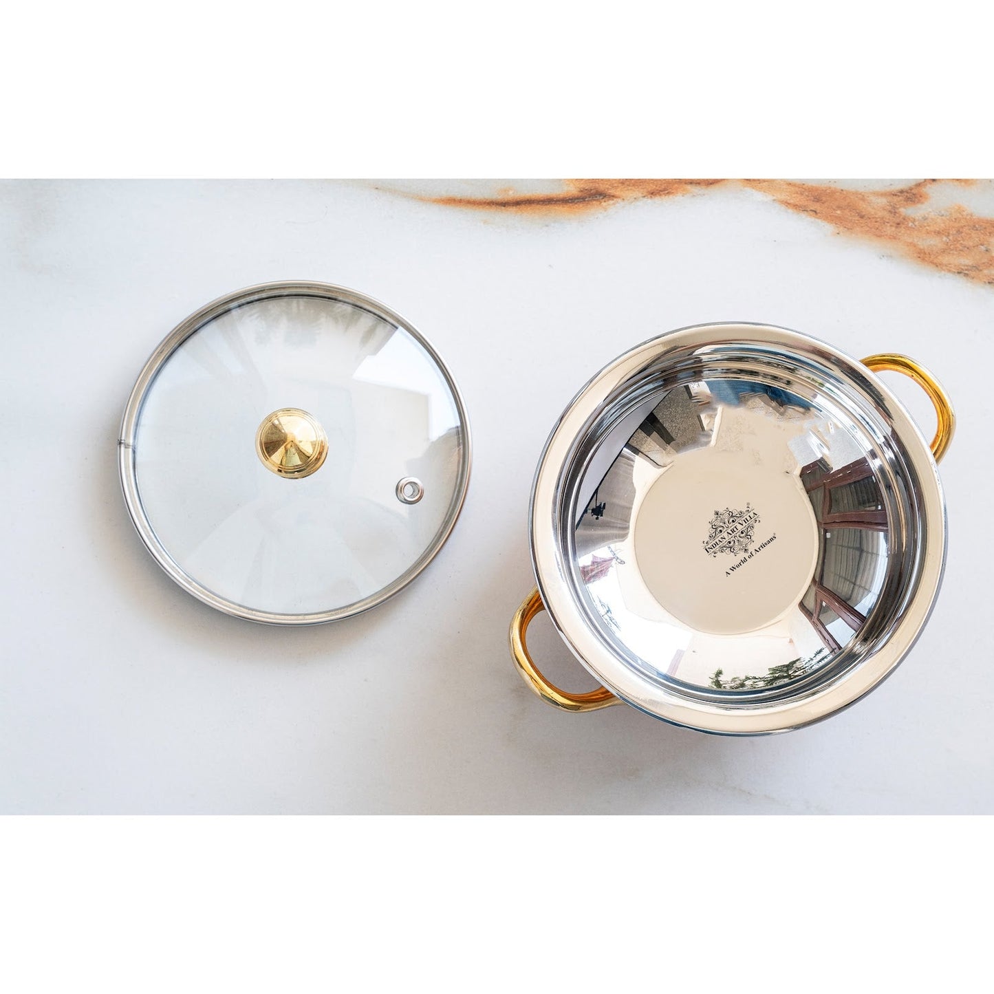 Steel Copper Hammered Mughlai Handi with Brass Handle & Glass lid