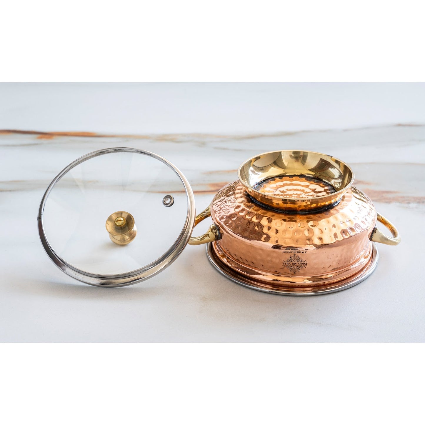 Steel Copper Hammered Mughlai Handi with Brass Handle & Glass lid