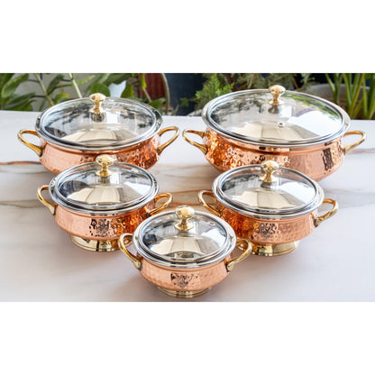 Steel Copper Hammered Mughlai Handi with Brass Handle & Glass lid