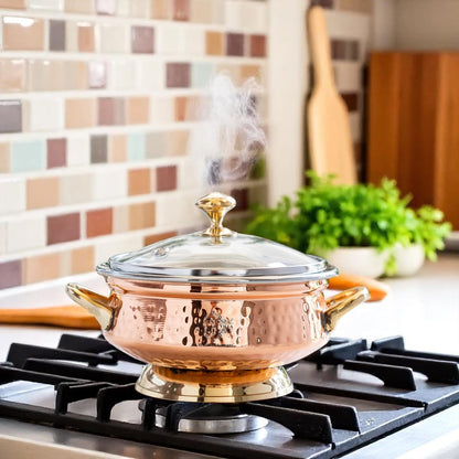 Steel Copper Hammered Mughlai Handi with Brass Handle & Glass lid