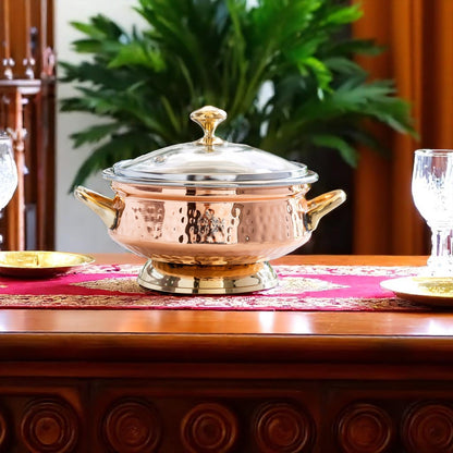 Steel Copper Hammered Mughlai Handi with Brass Handle & Glass lid