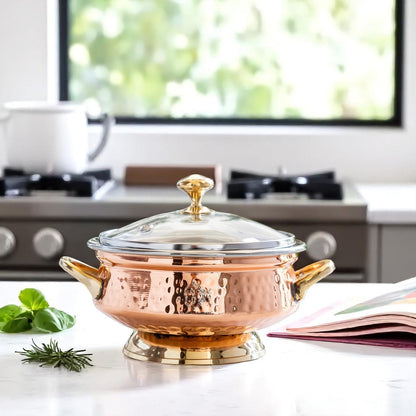 Steel Copper Hammered Mughlai Handi with Brass Handle & Glass lid