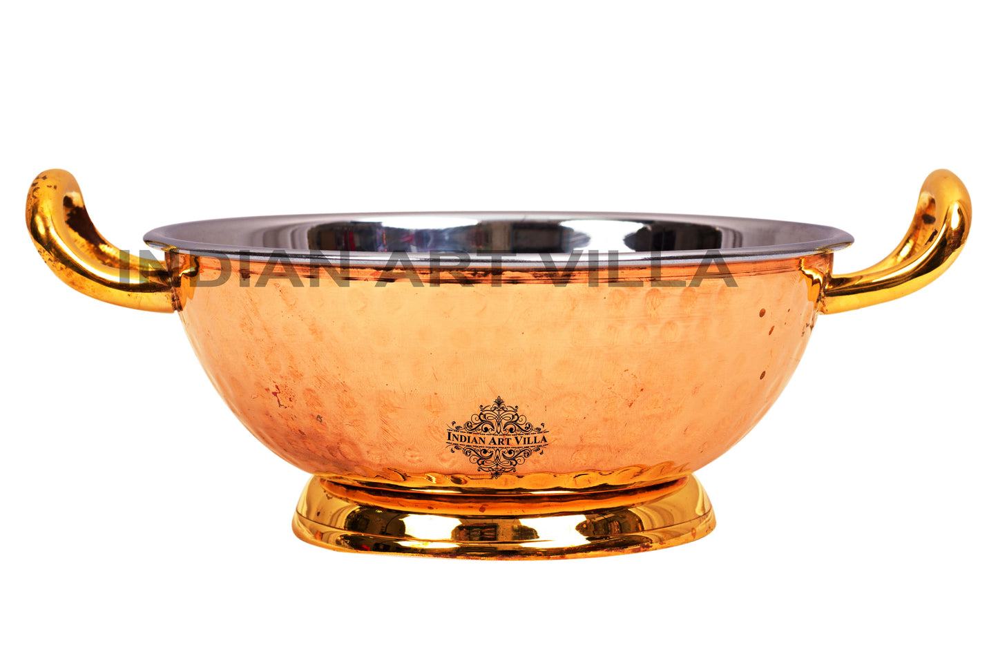 Pure Steel Copper Hammered Design Kadhai with Brass Handle and Bottom