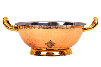 Pure Steel Copper Hammered Design Kadhai with Brass Handle and Bottom