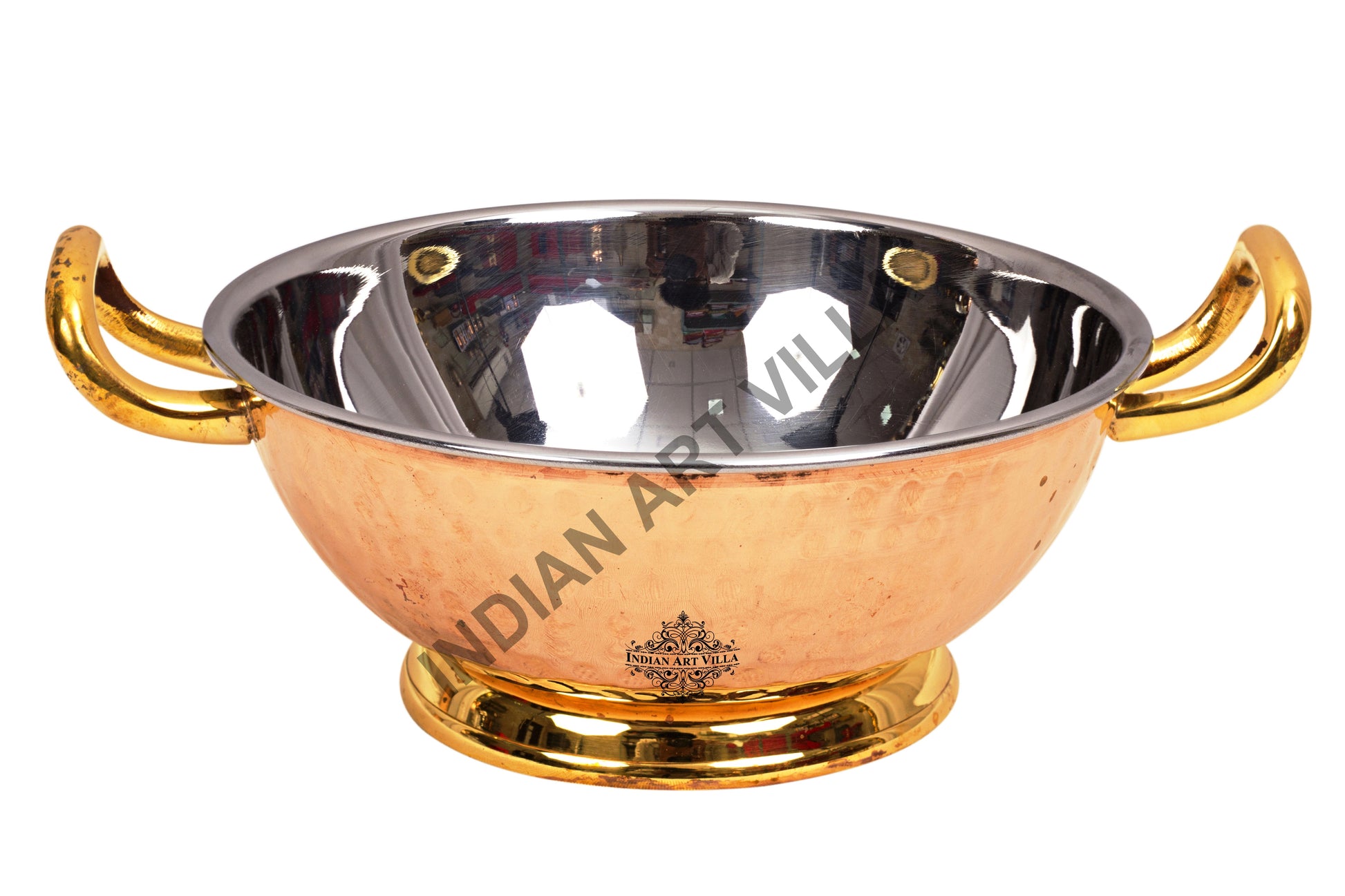Pure Steel Copper Hammered Design Kadhai with Brass Handle and Bottom