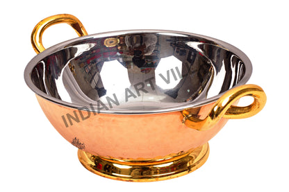 Pure Steel Copper Hammered Design Kadhai with Brass Handle and Bottom