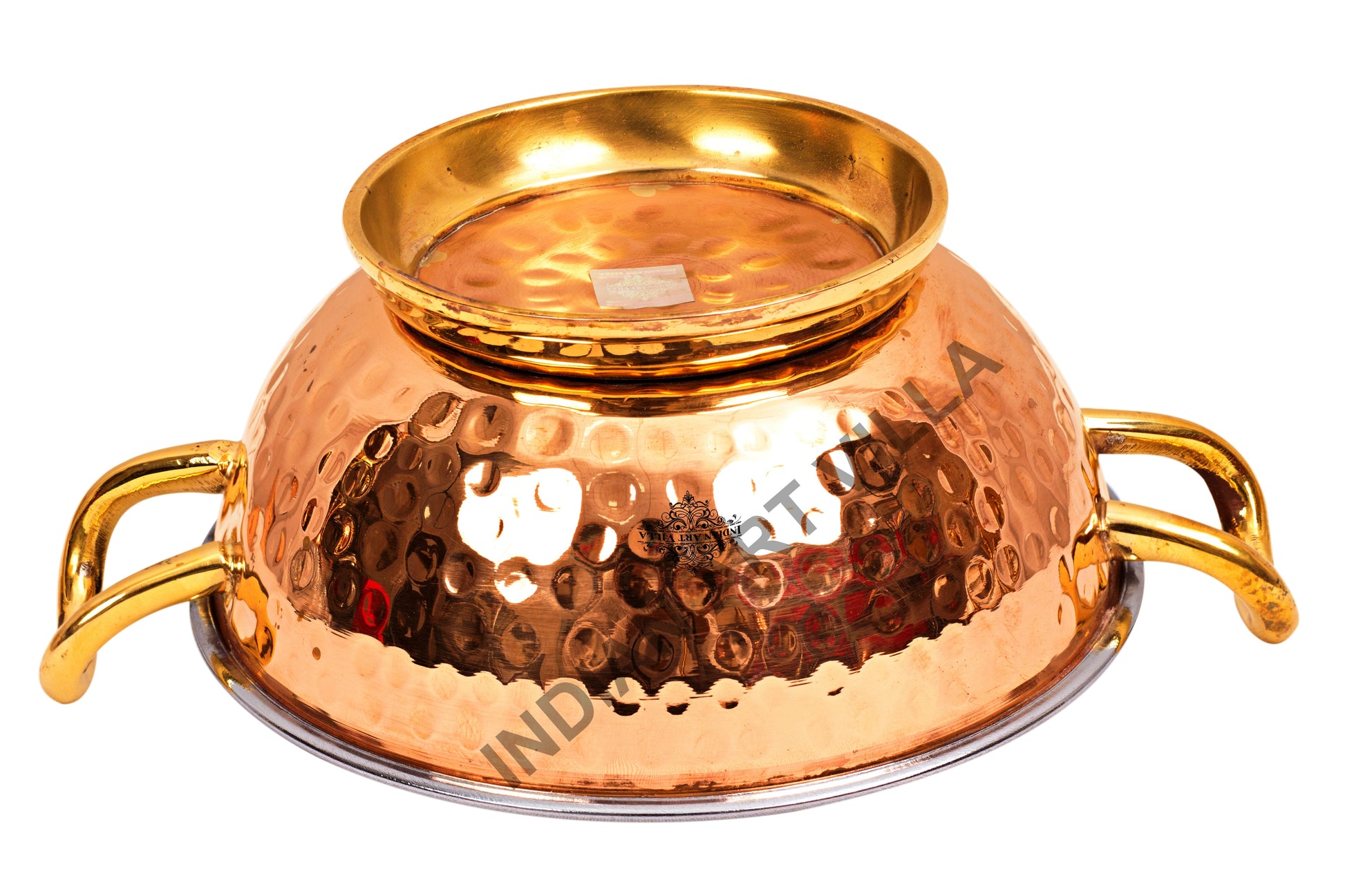 Pure Steel Copper Hammered Design Kadhai with Brass Handle and Bottom