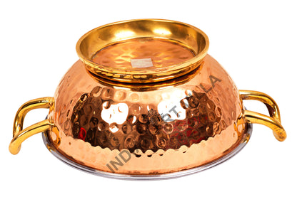 Pure Steel Copper Hammered Design Kadhai with Brass Handle and Bottom