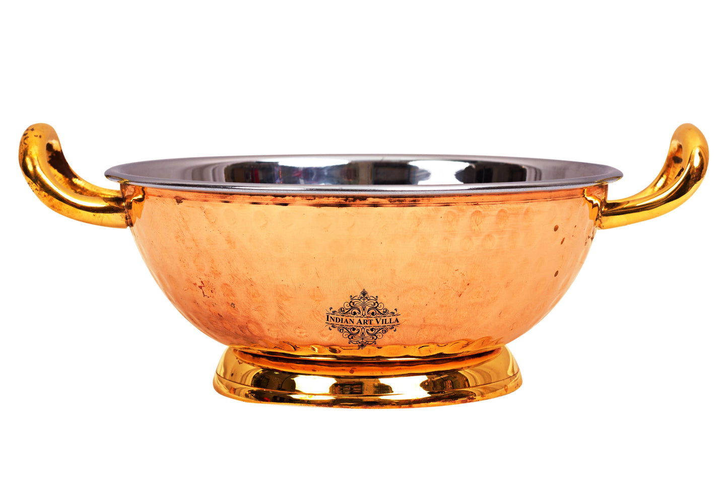 Pure Steel Copper Hammered Design Kadhai with Brass Handle and Bottom
