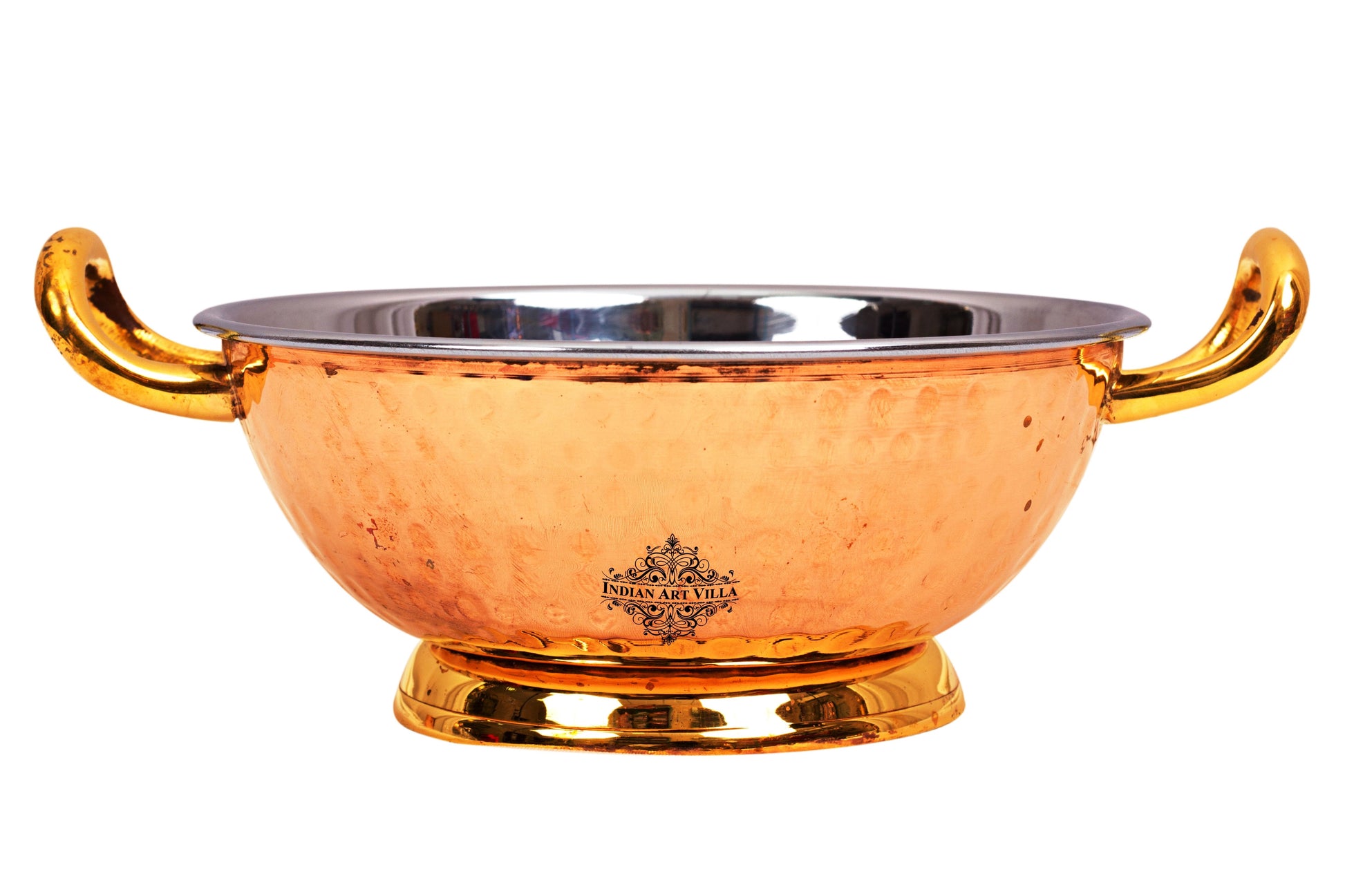 Pure Steel Copper Hammered Design Kadhai with Brass Handle and Bottom