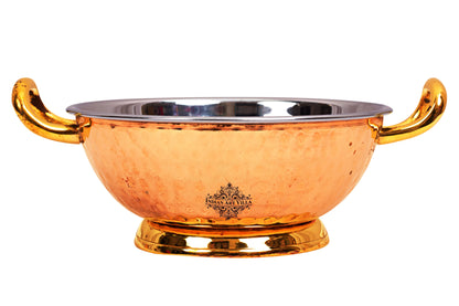 Pure Steel Copper Hammered Design Kadhai with Brass Handle and Bottom