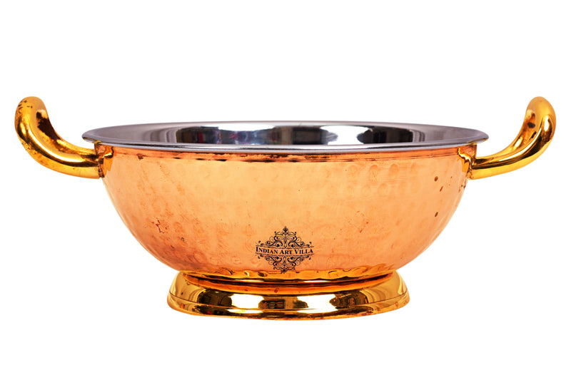 Pure Steel Copper Hammered Design Kadhai with Brass Handle and Bottom