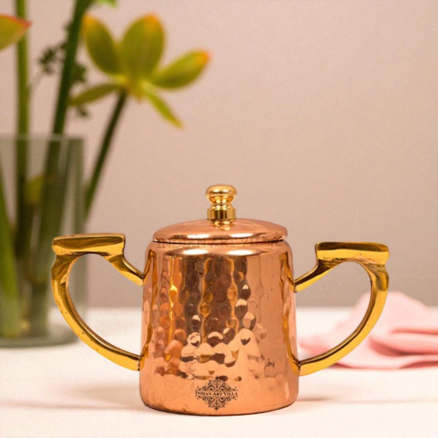 Copper Hammered Sugar Pot with Inside Tin Lining & Brass Handle