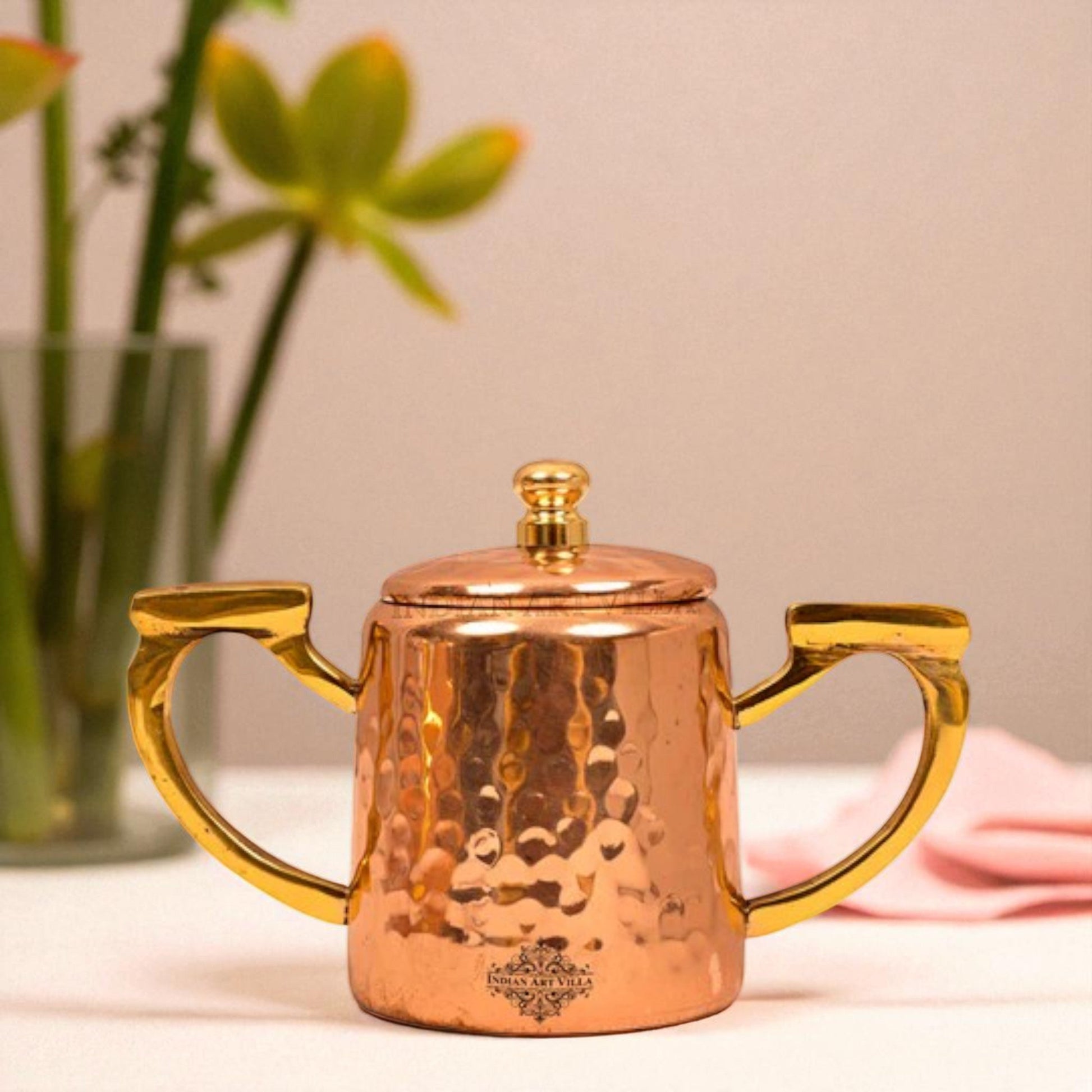 Copper Hammered Sugar Pot with Inside Tin Lining & Brass Handle