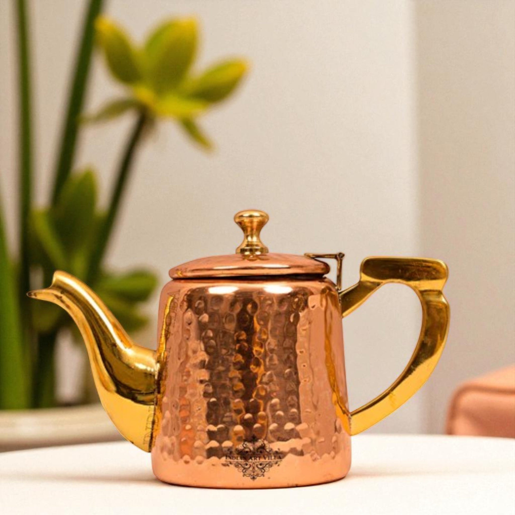 Pure Steel Copper Hammered Tea Pot with Inside Tin Lining & Brass Handle