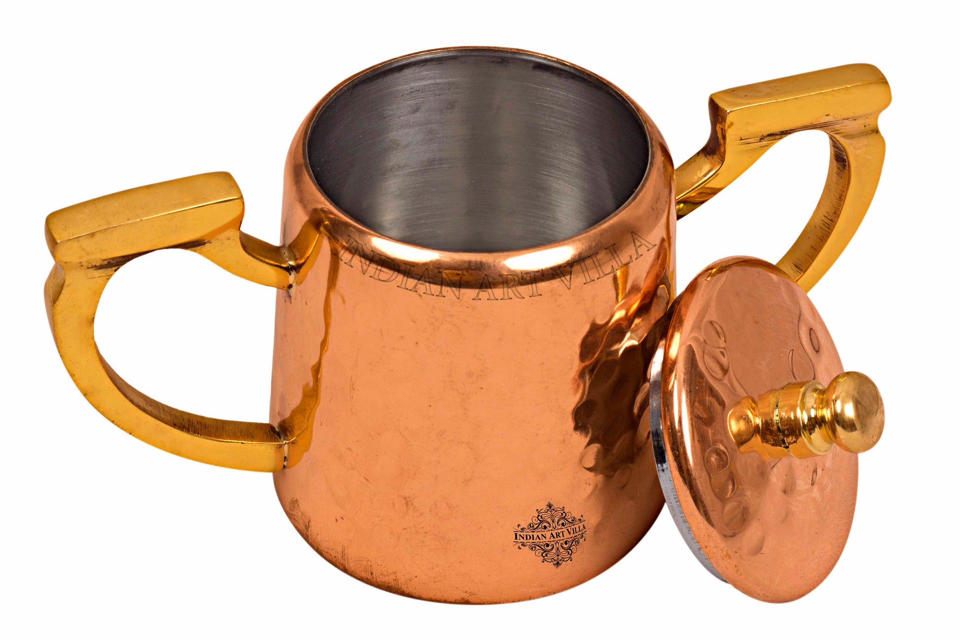 Copper Hammered Sugar Pot with Inside Tin Lining & Brass Handle