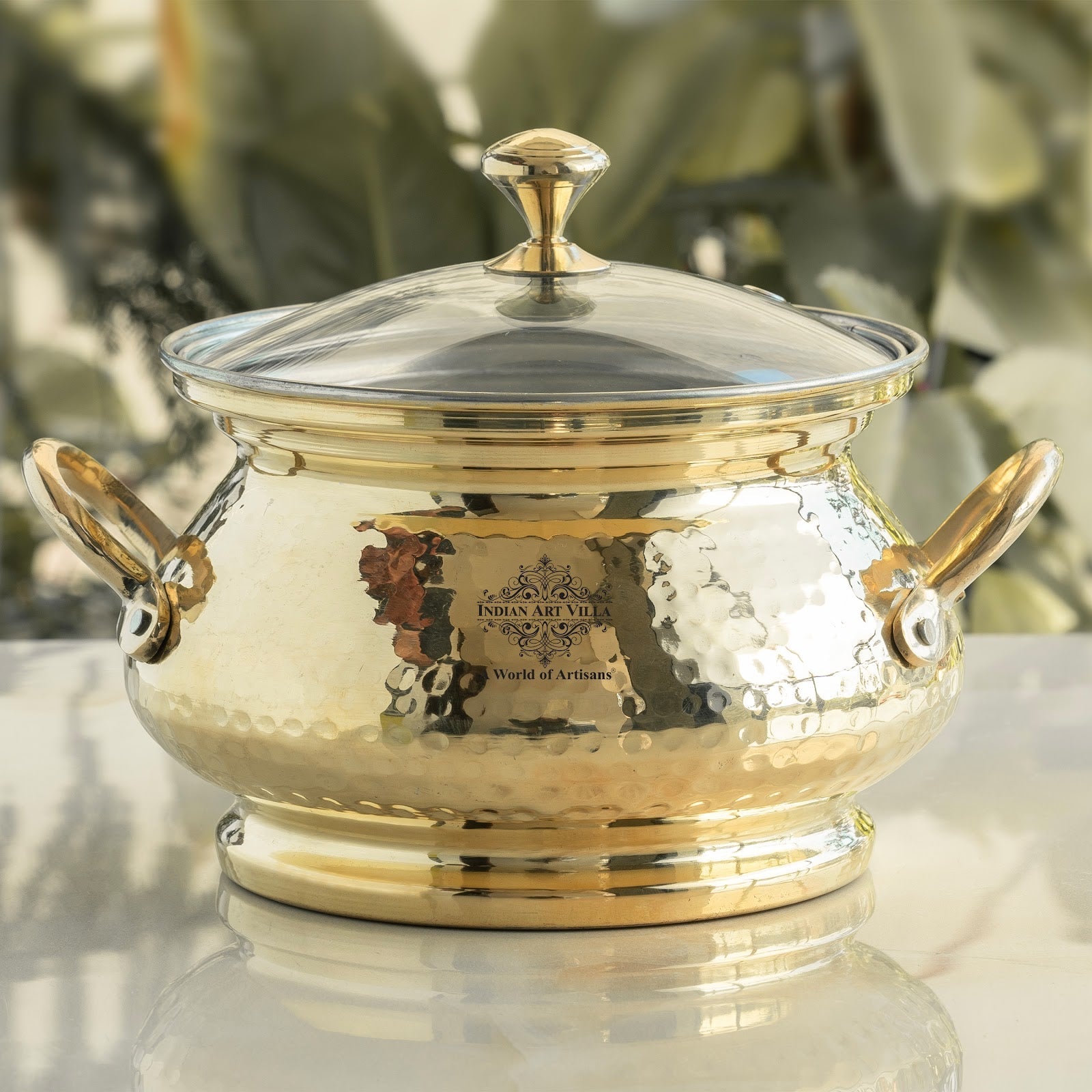 Brass Cooking Pot with Tin Lining and Glass Lid Hammered Design