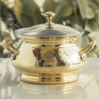 Brass Cooking Pot with Tin Lining and Glass Lid Hammered Design