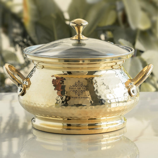 Brass Cooking Pot with Tin Lining and Glass Lid Hammered Design