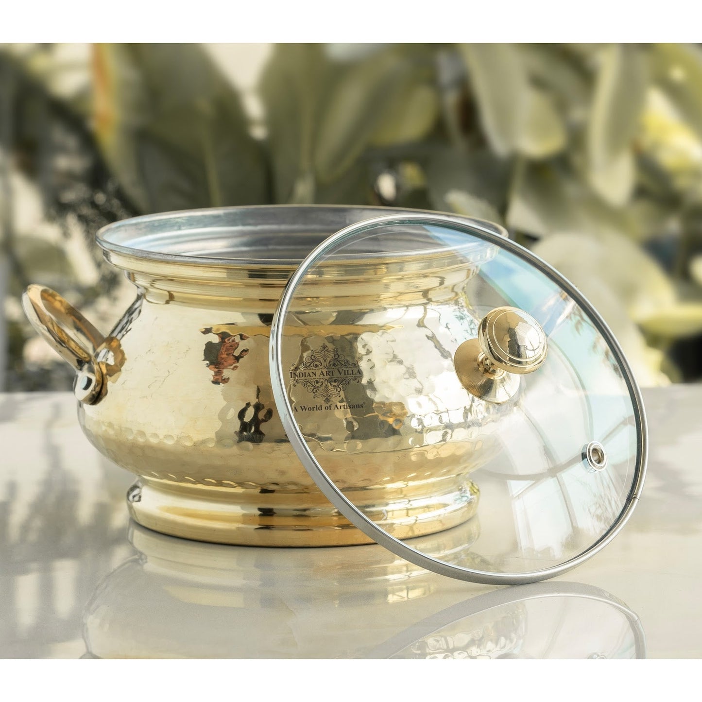 Brass Cooking Pot with Tin Lining and Glass Lid Hammered Design