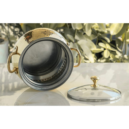 Brass Cooking Pot with Tin Lining and Glass Lid Hammered Design